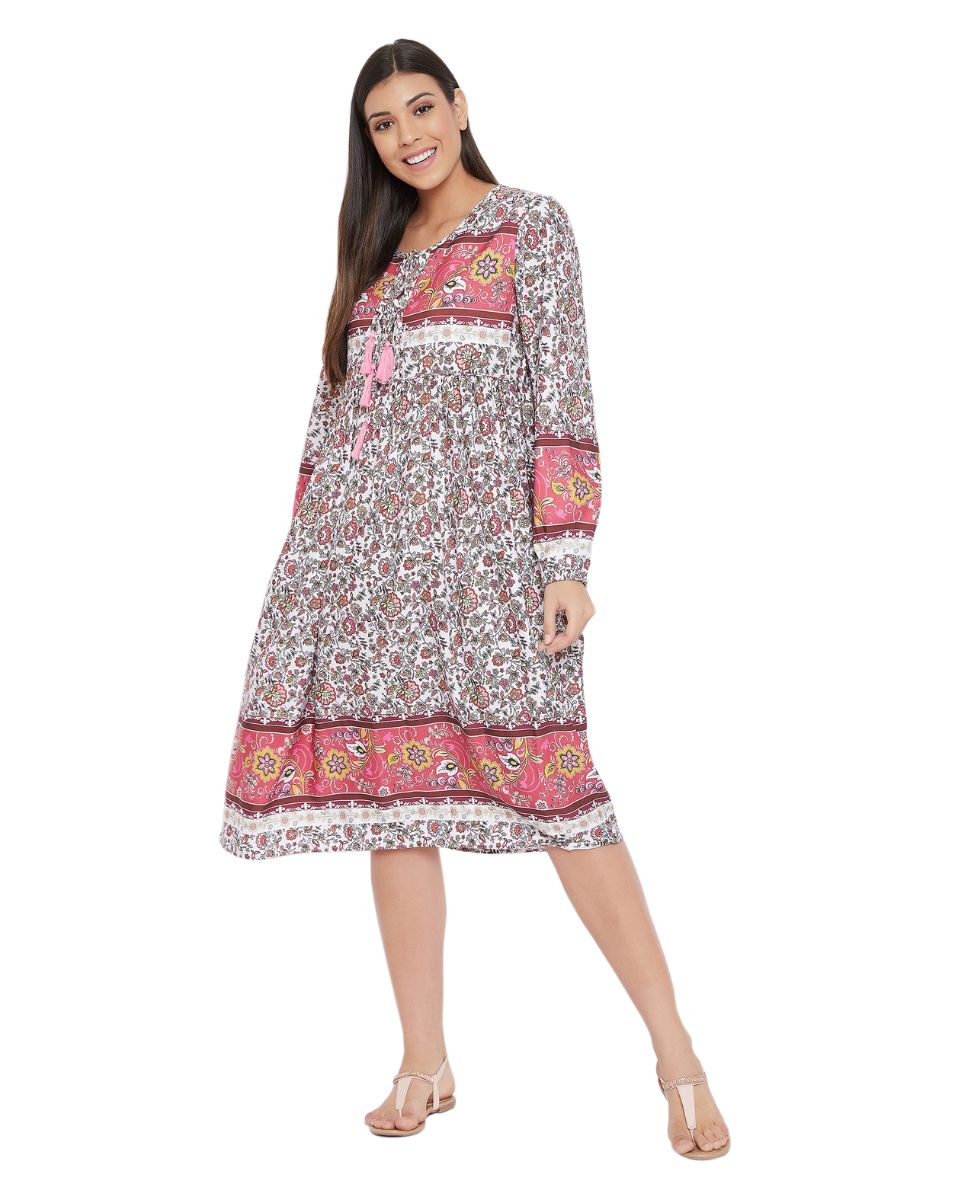 Floral Print Pink Cotton Casual Midi Dress for Women