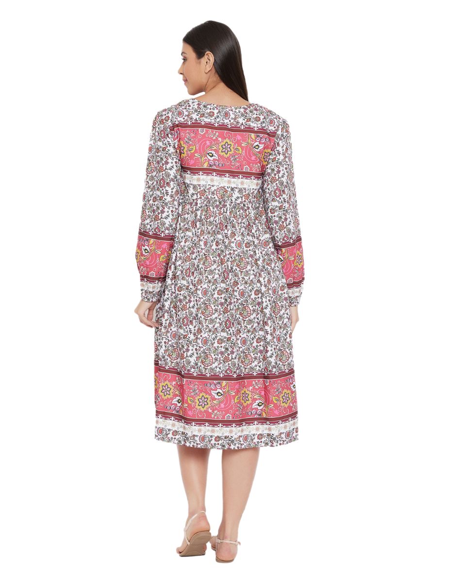 Floral Print Pink Cotton Casual Midi Dress for Women