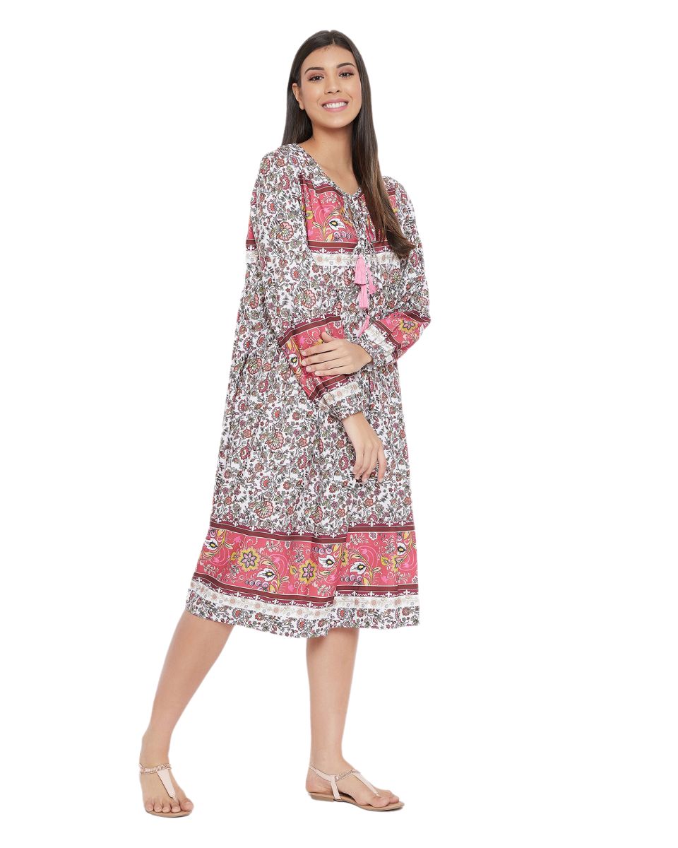 Floral Print Pink Cotton Casual Midi Dress for Women