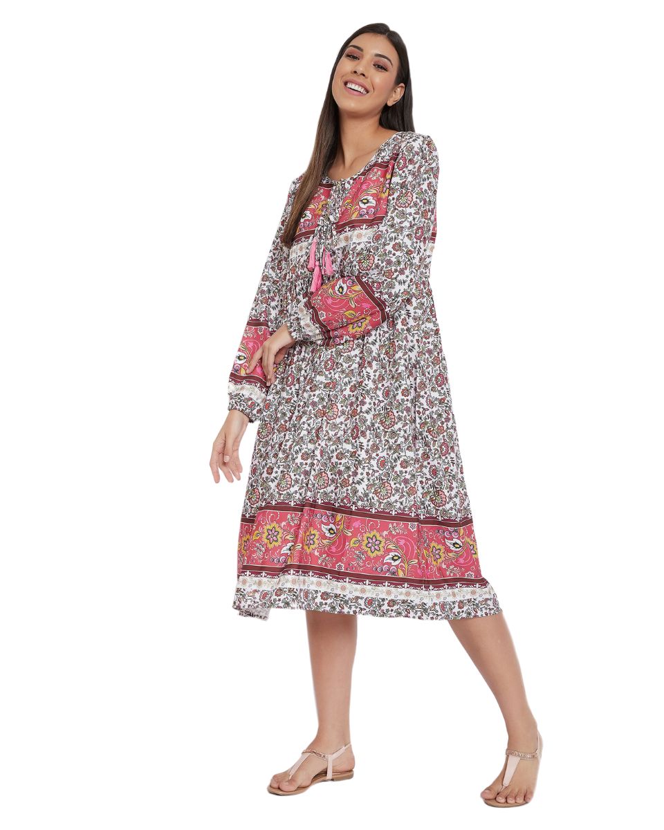 Floral Print Pink Cotton Casual Midi Dress for Women