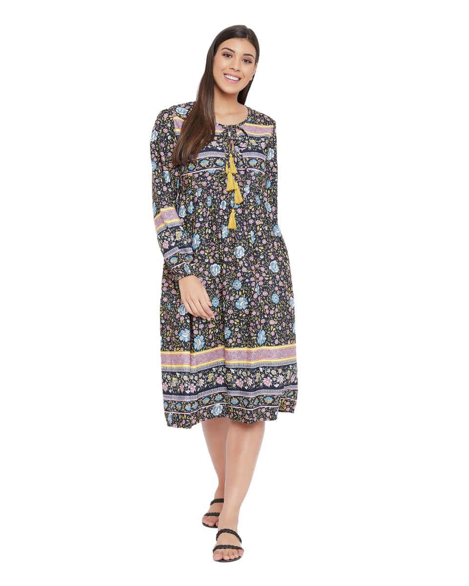 Navy Blue Floral Printed Cotton Empire Dress For Women