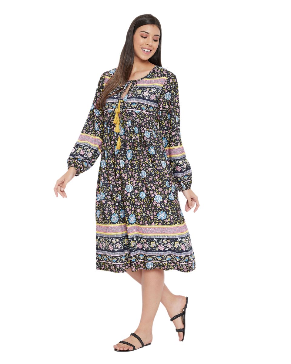 Navy Blue Floral Printed Cotton Empire Dress For Women