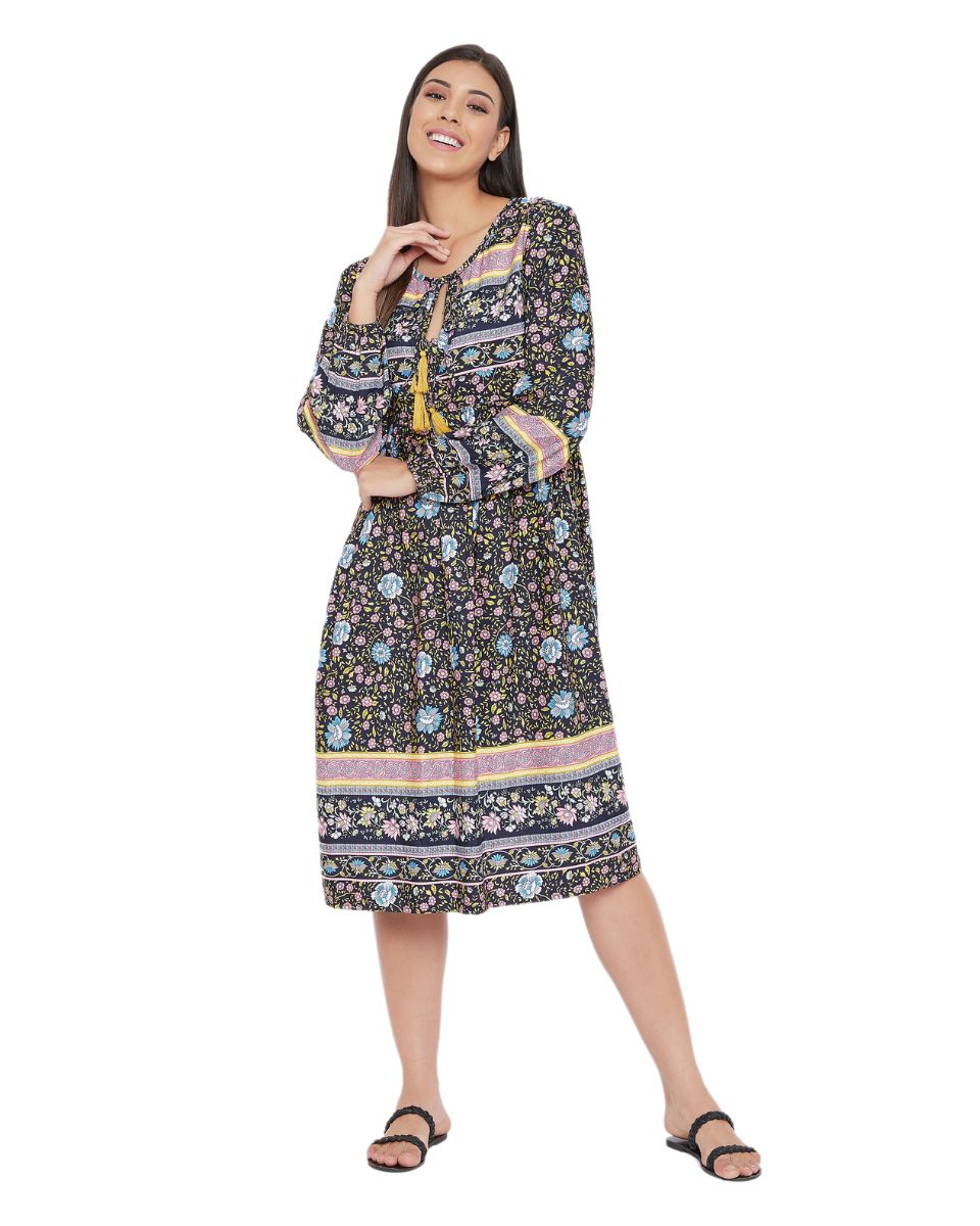Navy Blue Floral Printed Cotton Empire Dress For Women