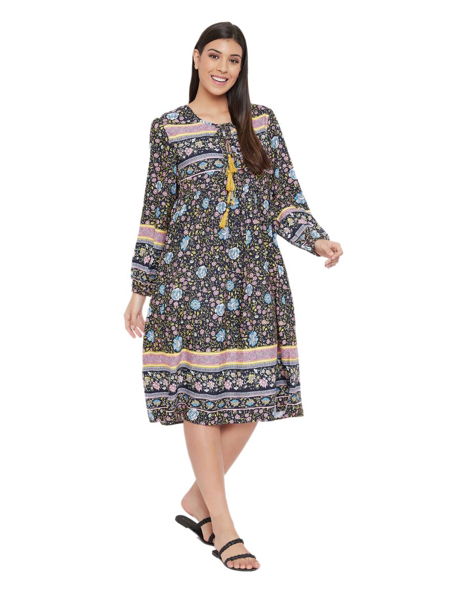 Navy Blue Floral Printed Cotton Empire Dress For Women
