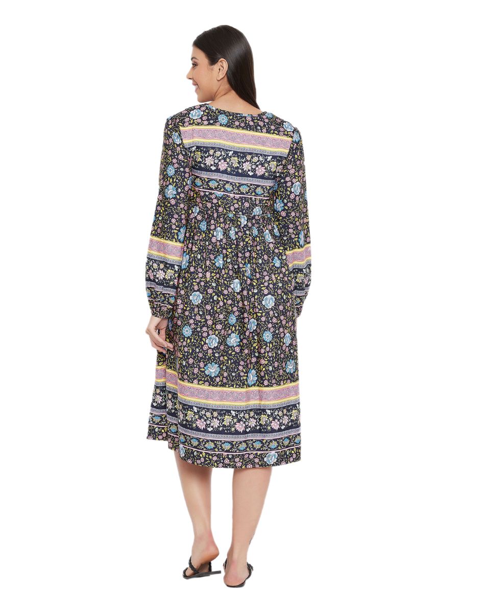 Navy Blue Floral Printed Cotton Empire Dress For Women