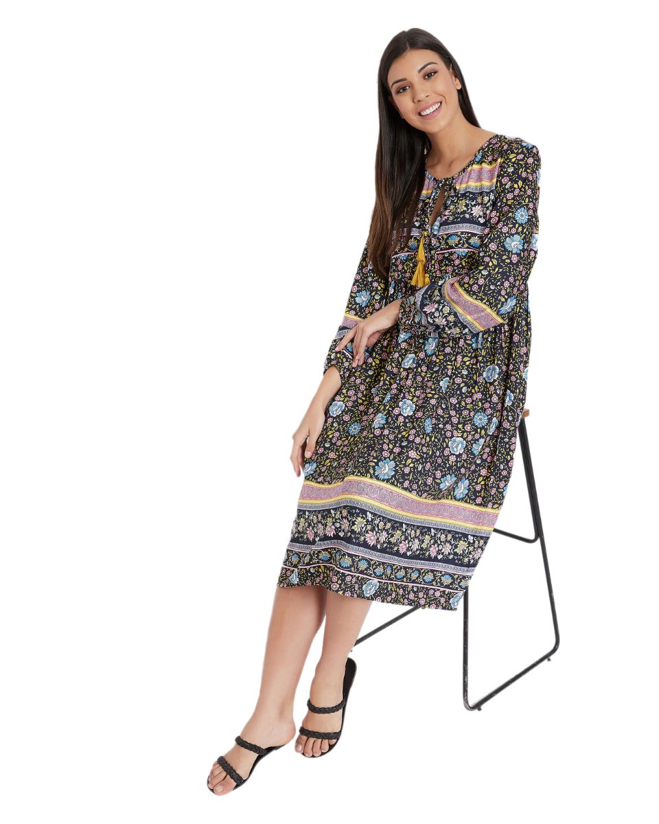 Navy Blue Floral Printed Cotton Empire Dress For Women