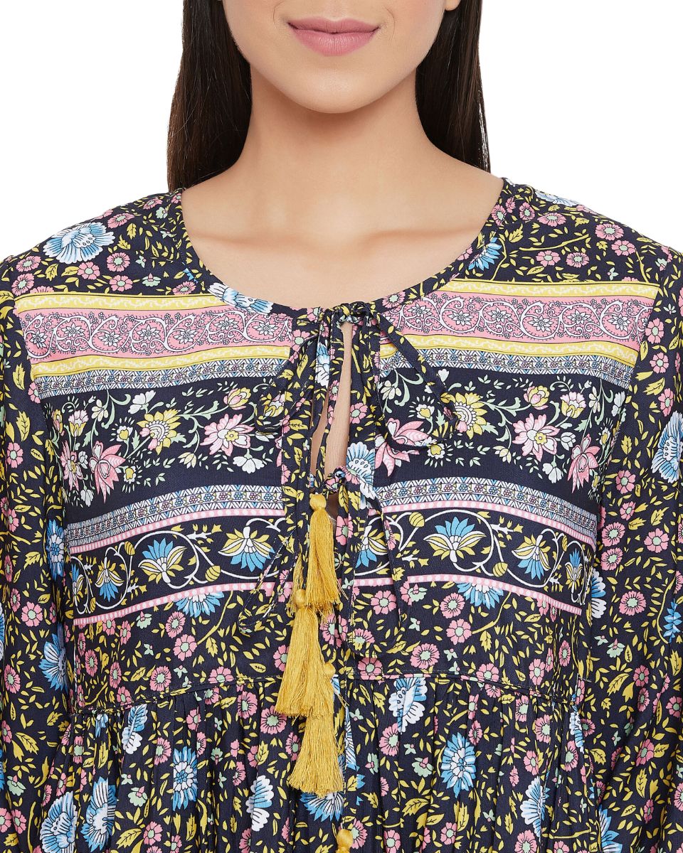 Navy Blue Floral Printed Cotton Empire Dress For Women