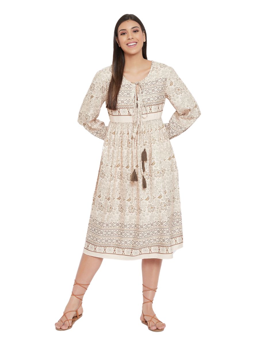 Floral Printed Beige Cotton Empire Dress For Women