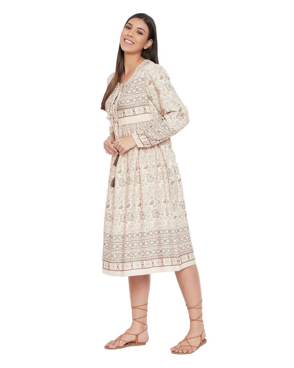 Floral Printed Beige Cotton Empire Dress For Women