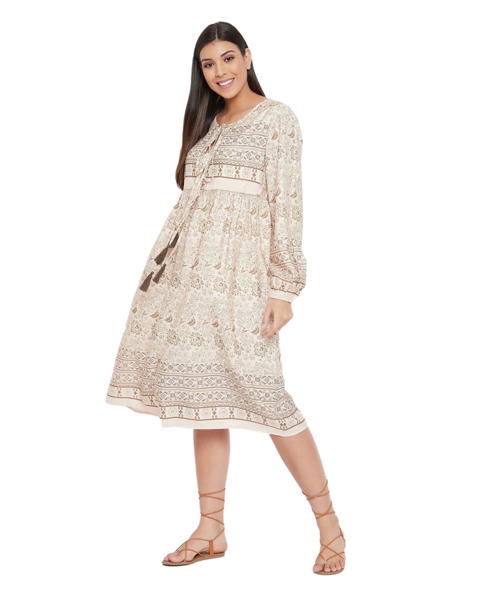 Floral Printed Beige Cotton Empire Dress For Women