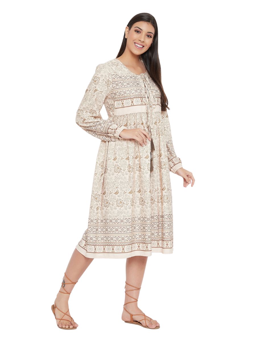 Floral Printed Beige Cotton Empire Dress For Women