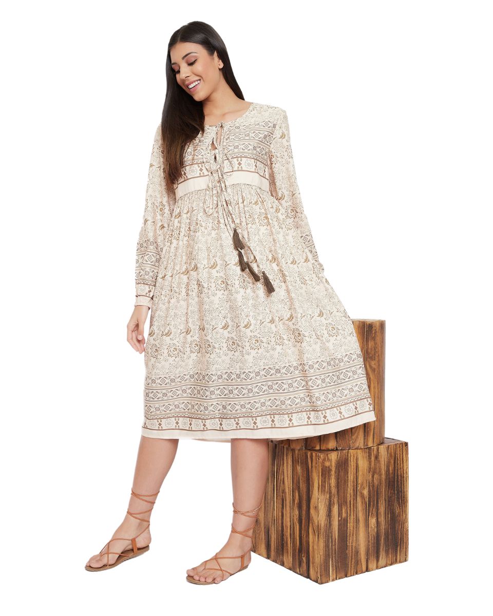 Floral Printed Beige Cotton Empire Dress For Women