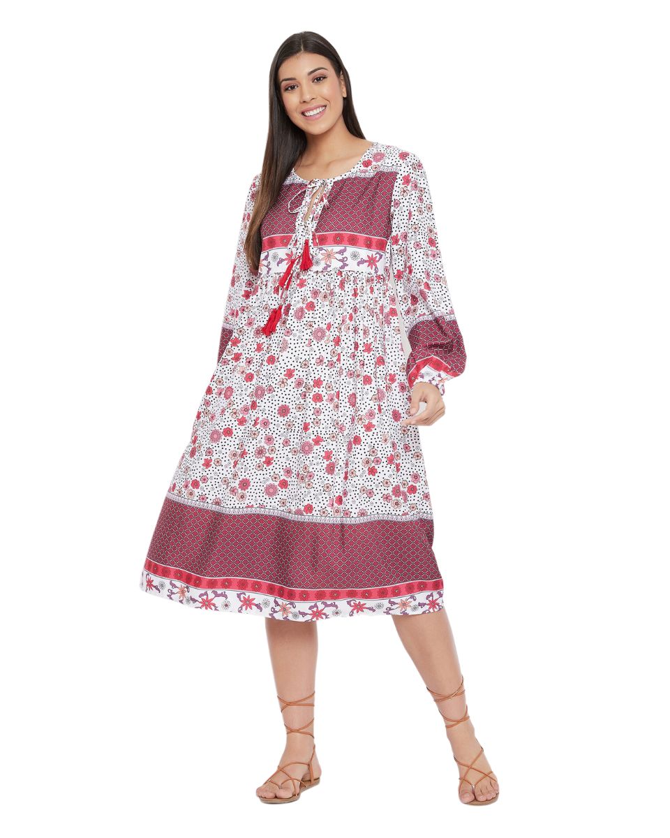 Red Cotton Empire Floral Printed Dress For Women