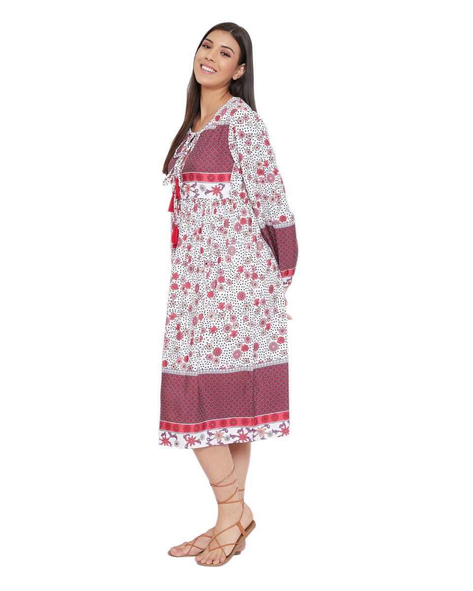 Red Cotton Empire Floral Printed Dress For Women