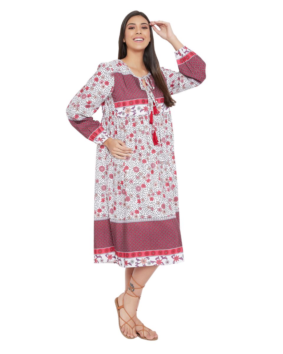 Red Cotton Empire Floral Printed Dress For Women