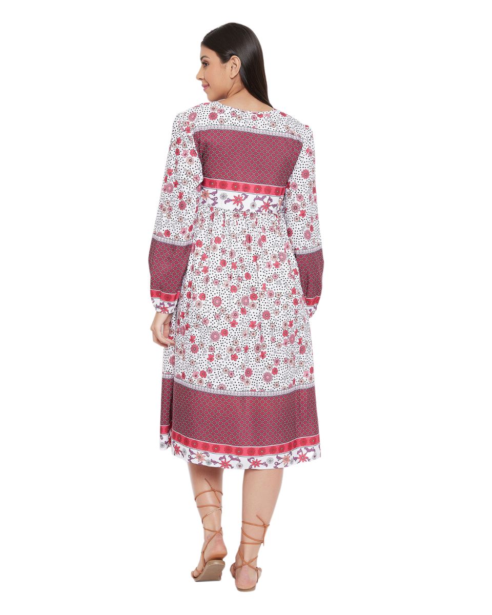 Red Cotton Empire Floral Printed Dress For Women