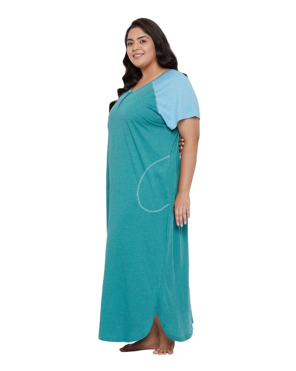 Poly Cotton Solid Green Loungewear Dress for Women