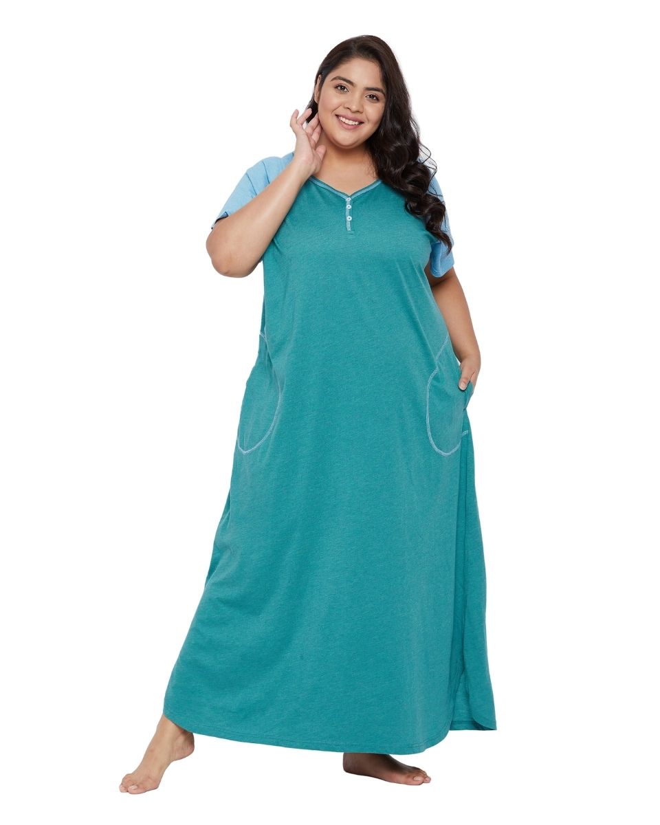Poly Cotton Solid Green Loungewear Dress for Women