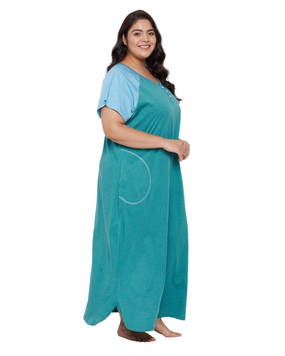 Poly Cotton Solid Green Loungewear Dress for Women