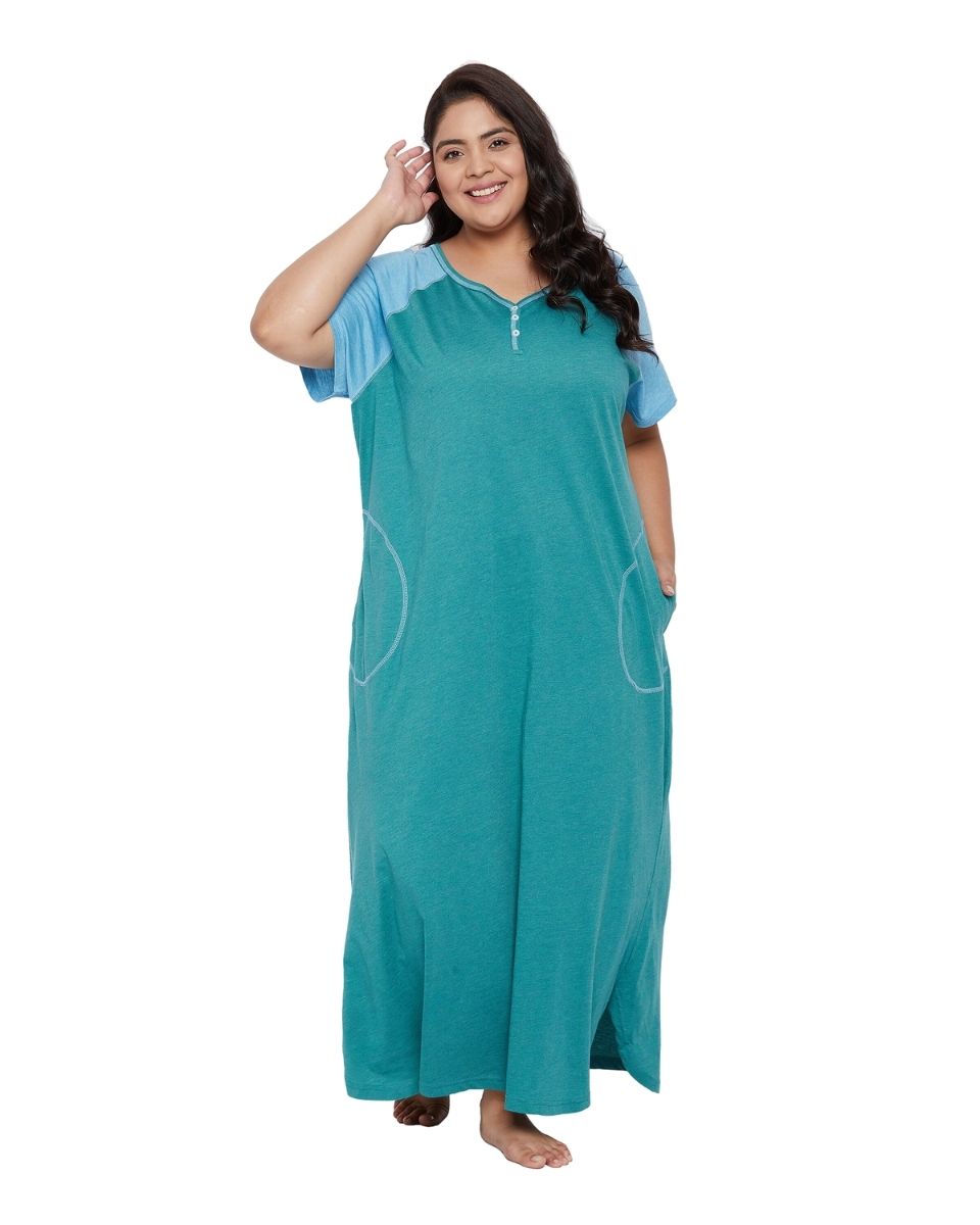 Poly Cotton Solid Green Loungewear Dress for Women