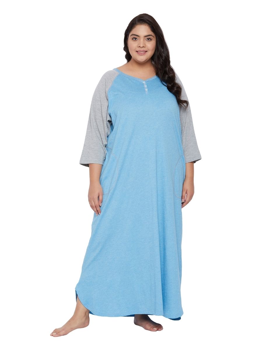 Long Sleeve Casual Sky Blue Melange Dress With Pockets For Women