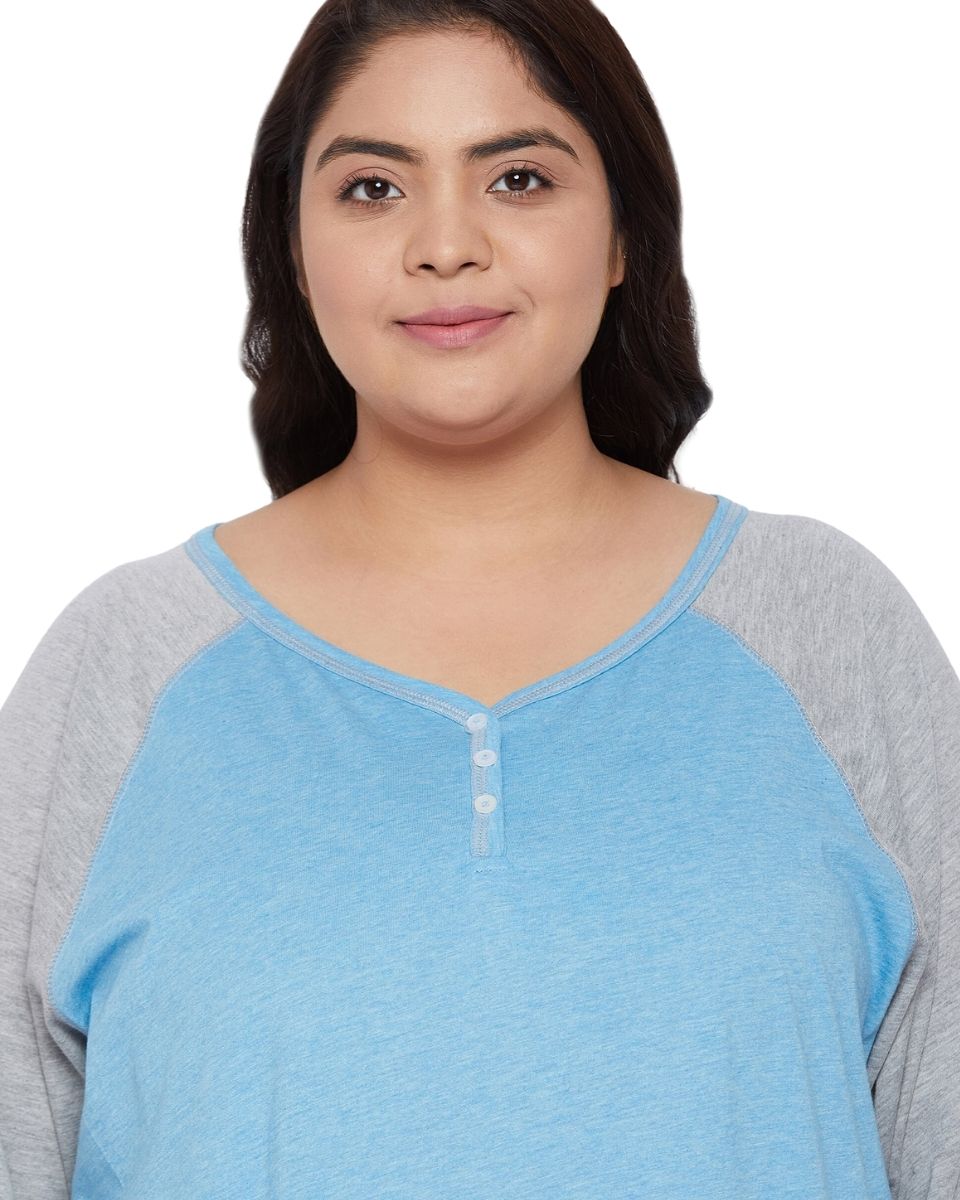 Long Sleeve Casual Sky Blue Melange Dress With Pockets For Women