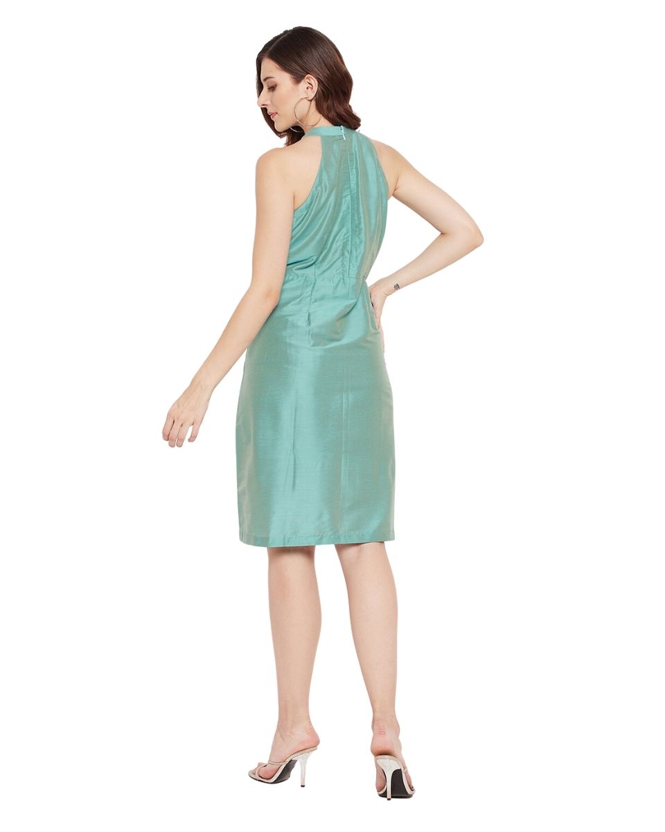 Persian Green Embroidered Cotton Silk Midi Dress For Women