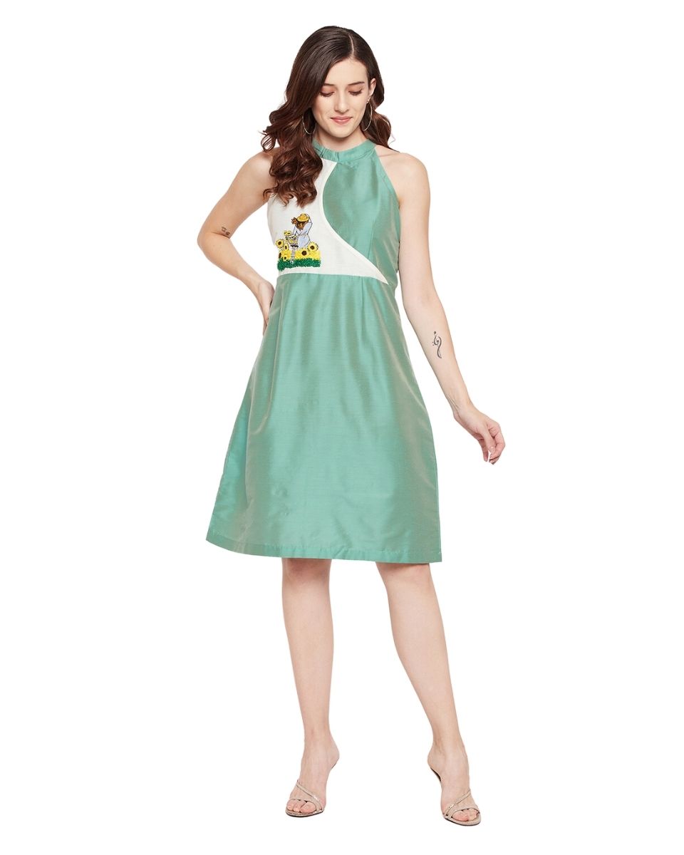 Persian Green Embroidered Cotton Silk Midi Dress For Women