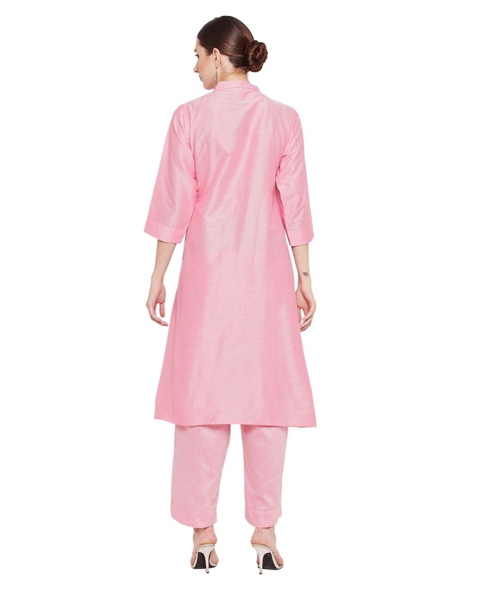 Hot Pink Embroidered Cotton Silk Dress For Women