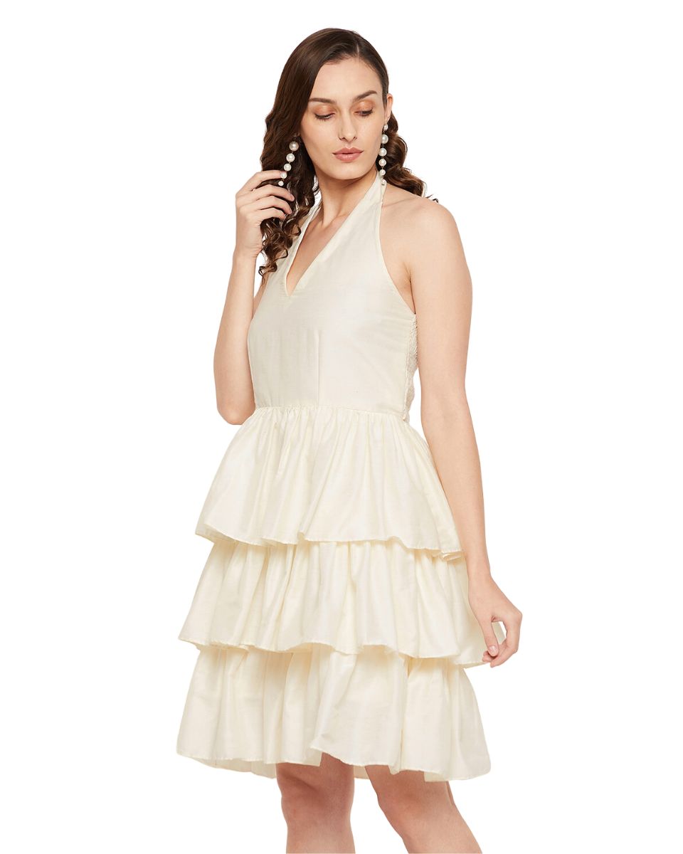 Solid Off-White Cotton Silk Dress For Women