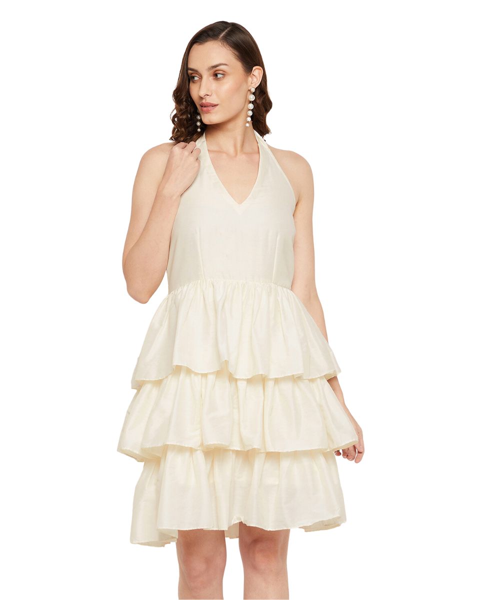 Solid Off-White Cotton Silk Dress For Women