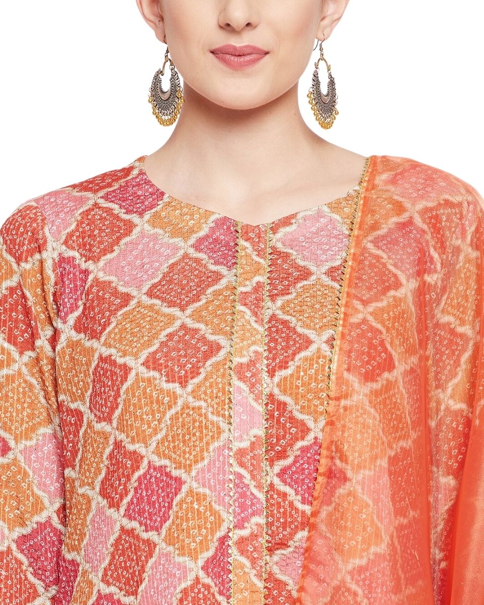 Orange Block Printed High-Low Cord Set For Women