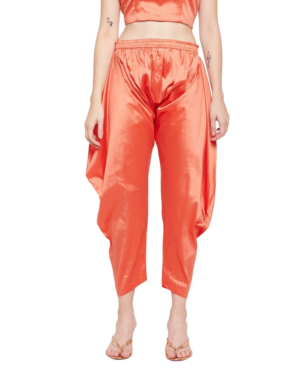 Orange Block Printed High-Low Cord Set For Women