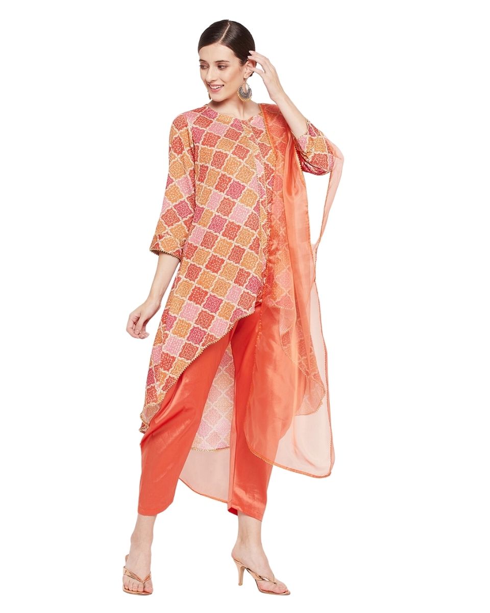 Orange Block Printed High-Low Cord Set For Women
