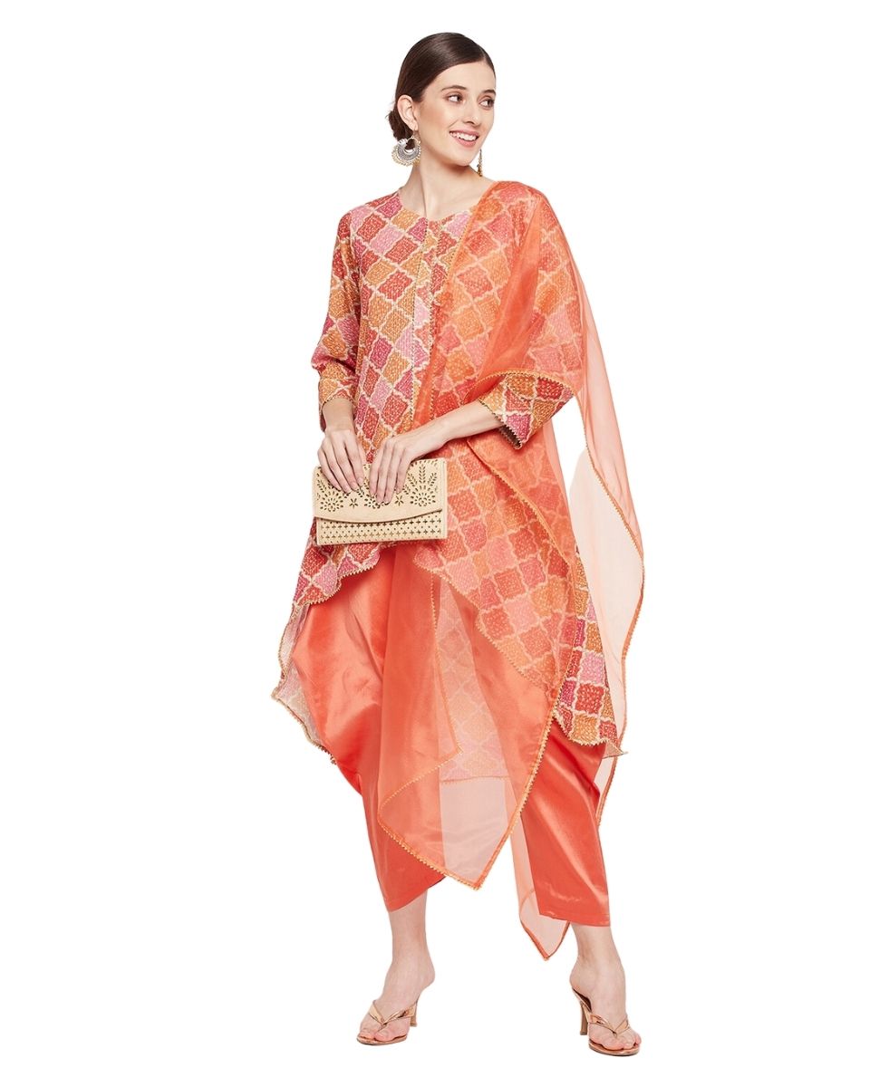 Orange Block Printed High-Low Cord Set For Women
