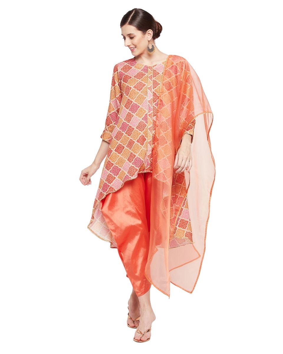 Orange Block Printed High-Low Cord Set For Women