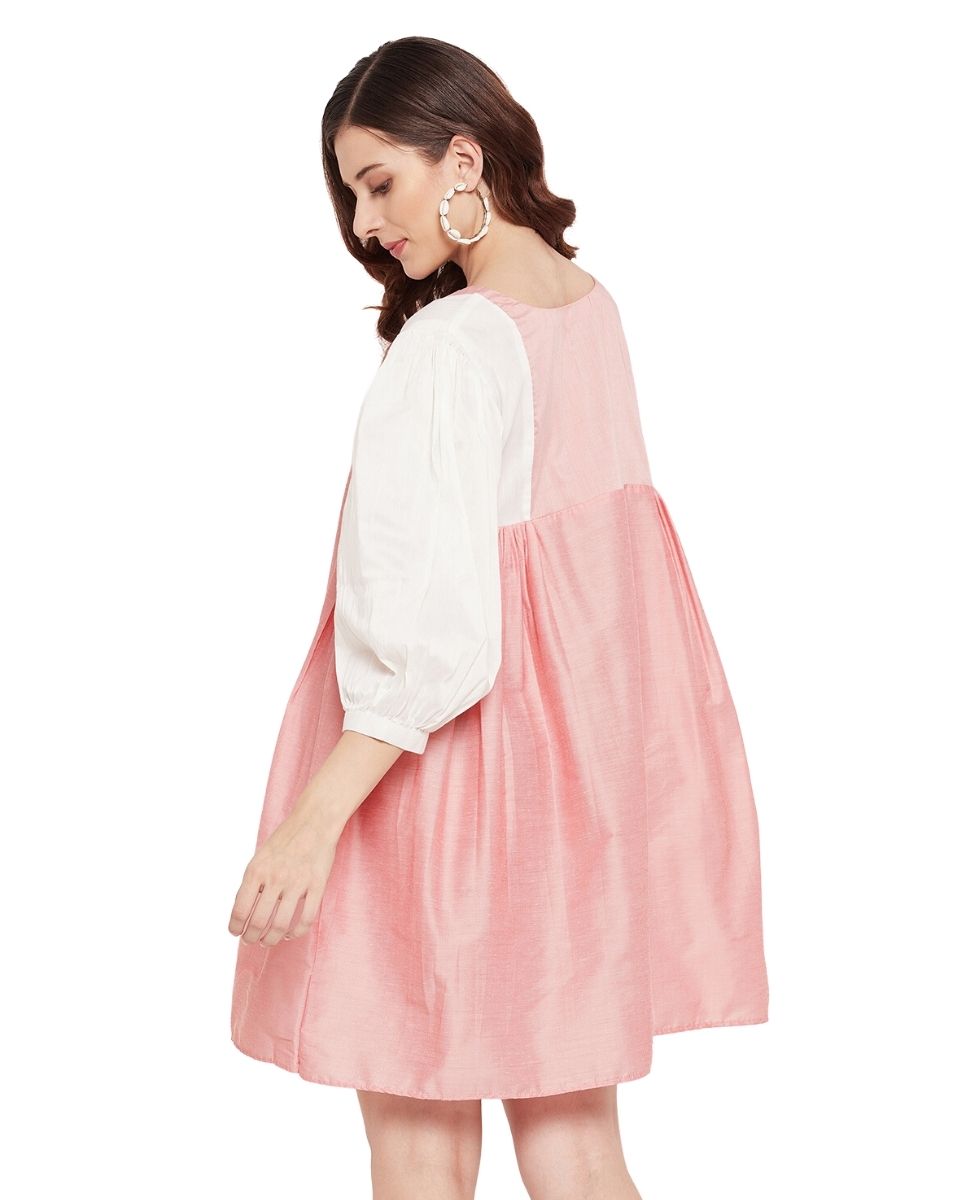 Peach Embroidered Puff Sleeve Cotton Silk Dress For Women