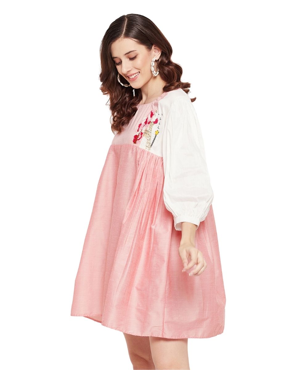 Peach Embroidered Puff Sleeve Cotton Silk Dress For Women