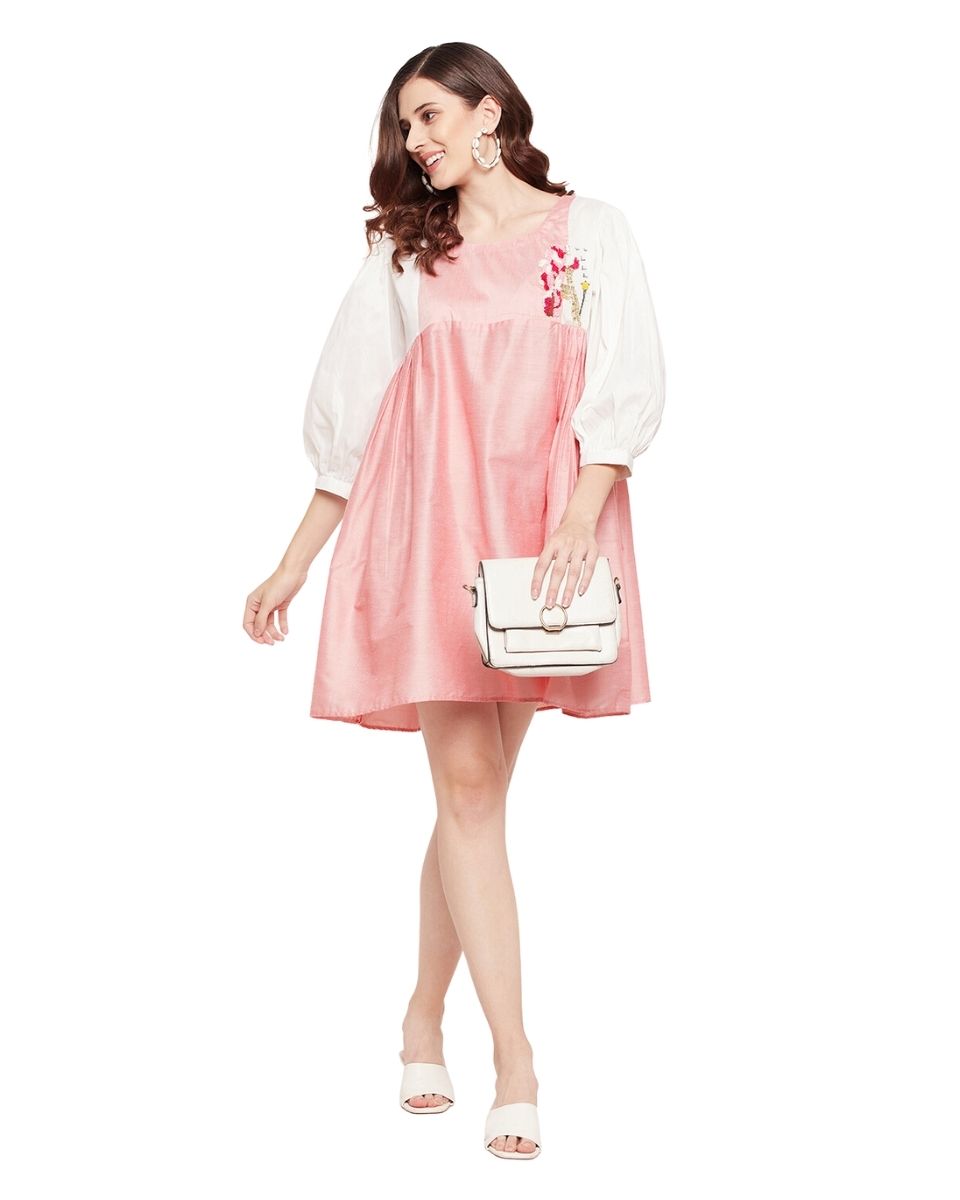 Peach Embroidered Puff Sleeve Cotton Silk Dress For Women