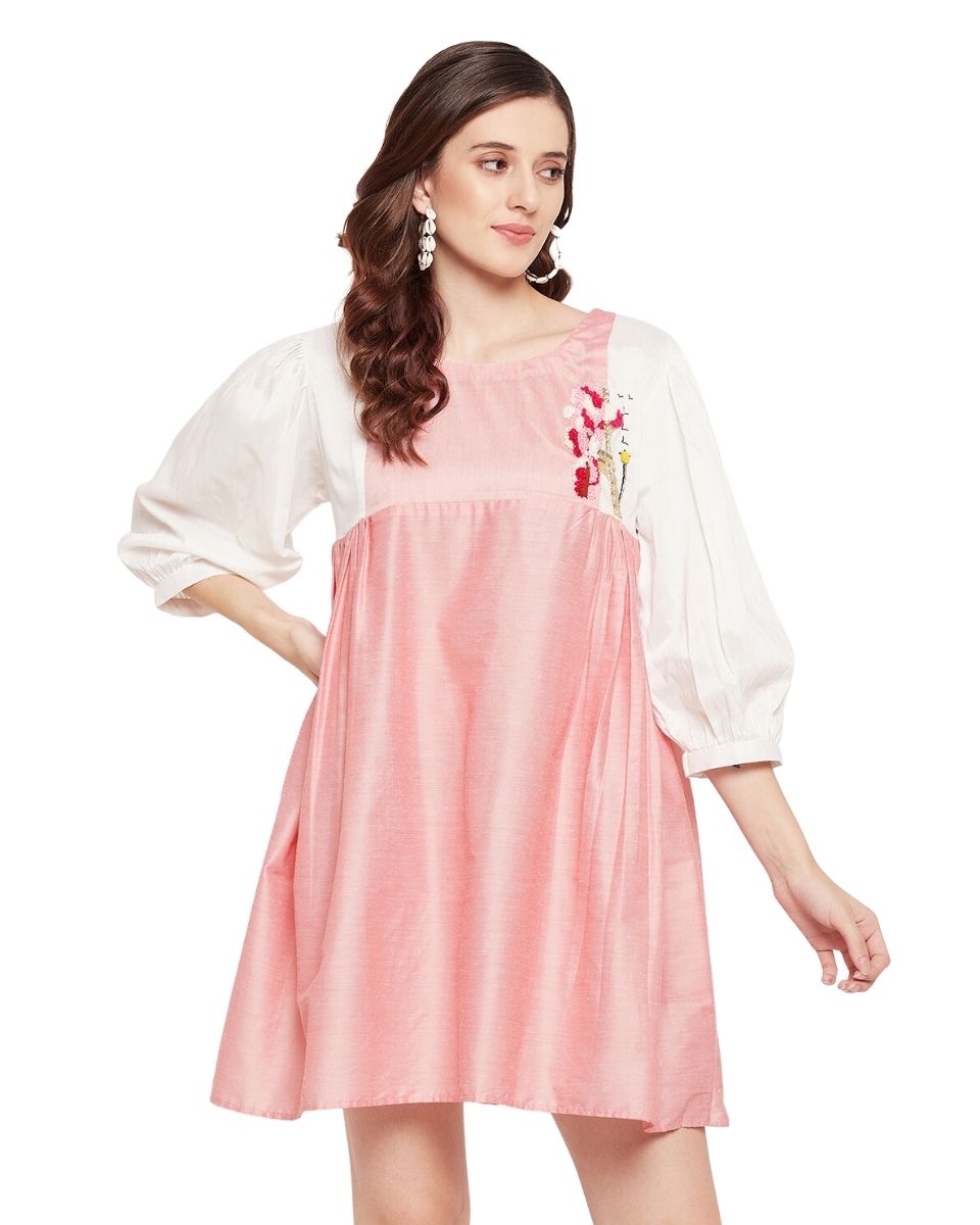 Peach Embroidered Puff Sleeve Cotton Silk Dress For Women
