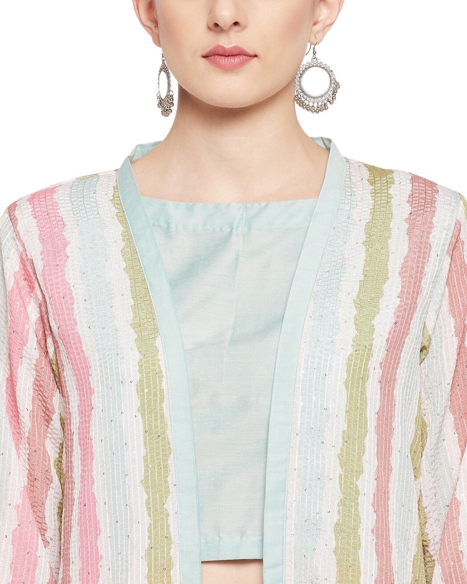 Stripe Printed Green Chinon Dress for Women