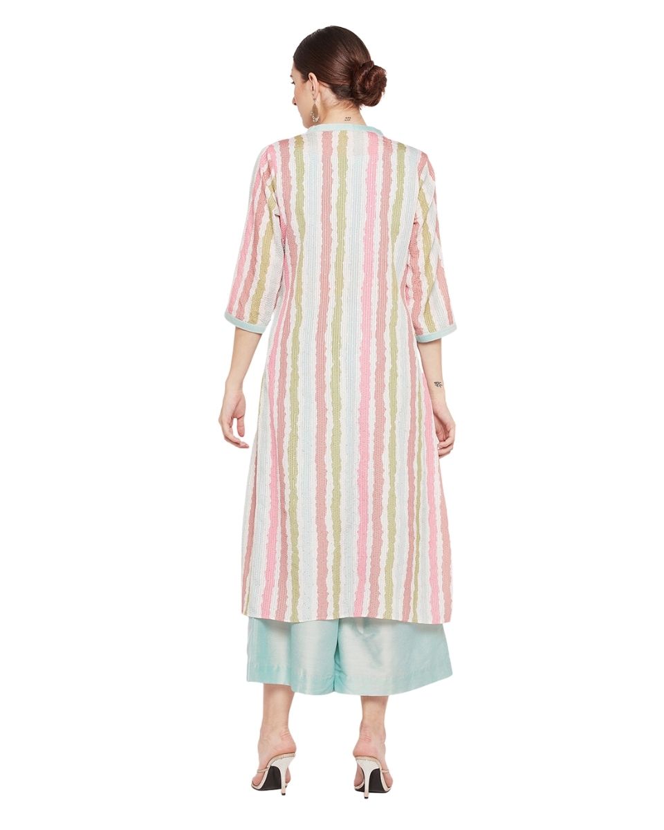 Stripe Printed Green Chinon Dress for Women