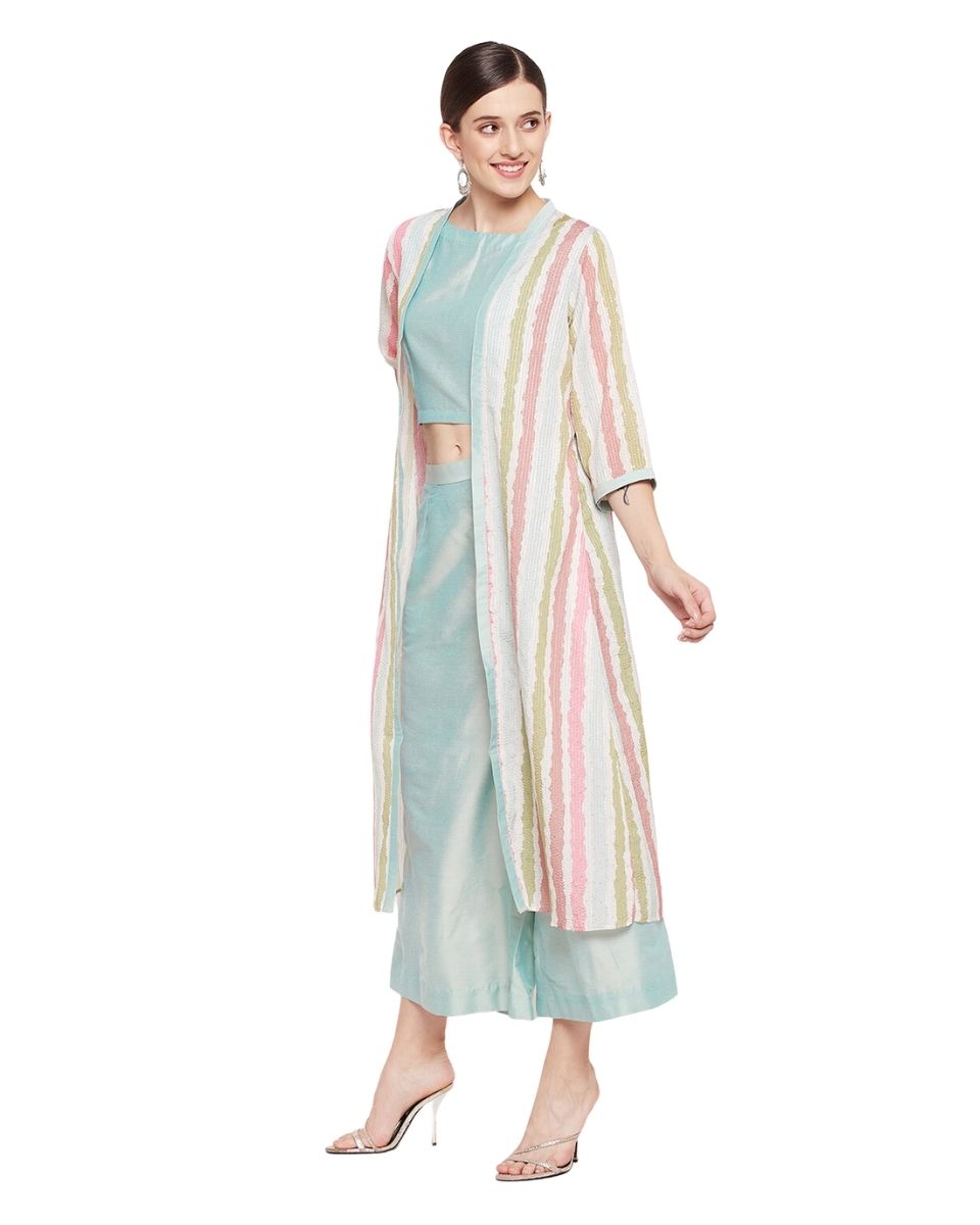 Stripe Printed Green Chinon Dress for Women