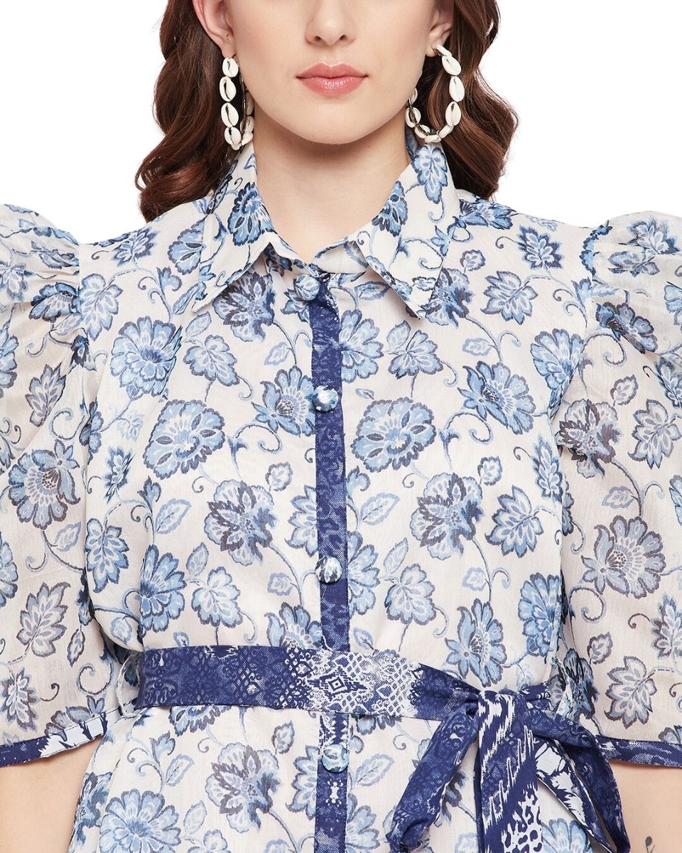 Floral Blue And White Puff Sleeves Shirt Dress With Belt For Women