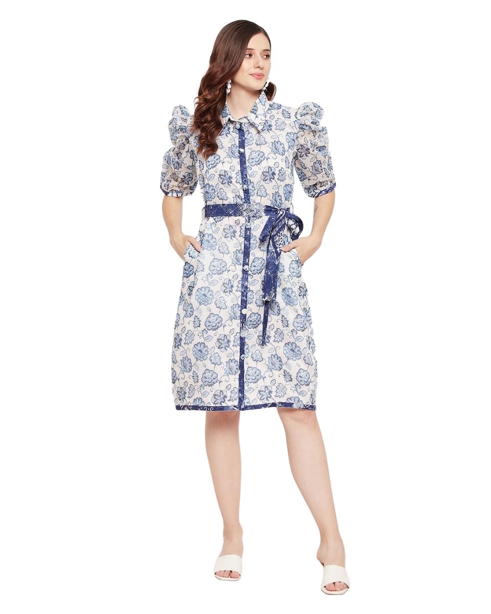Floral Blue And White Puff Sleeves Shirt Dress With Belt For Women