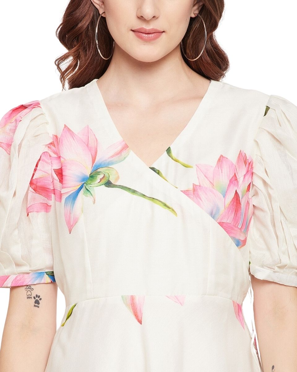 Floral Printed Off-White Chanderi Casual Dress For Women