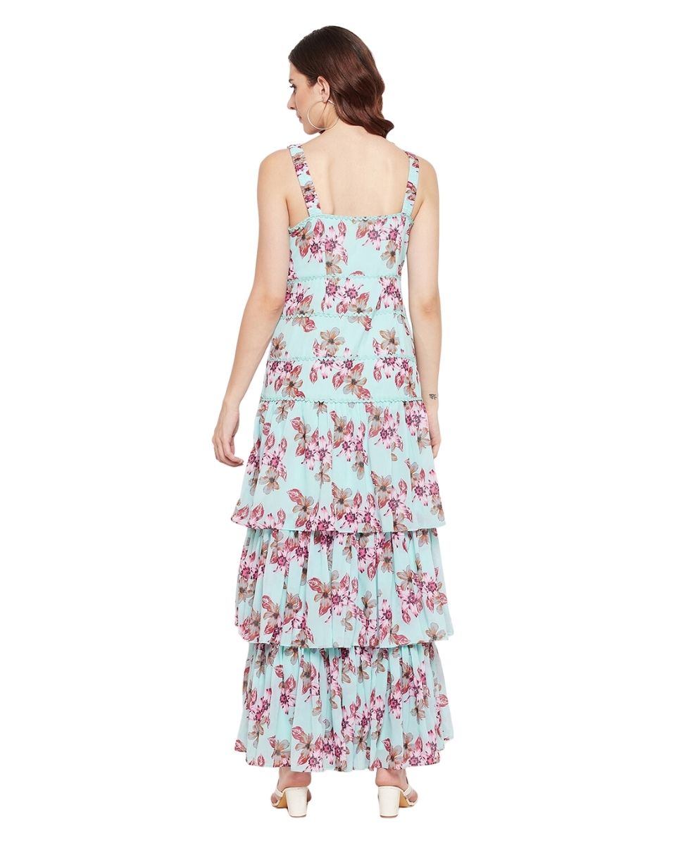 Floral Printed Green Georgette Party Dress For Women