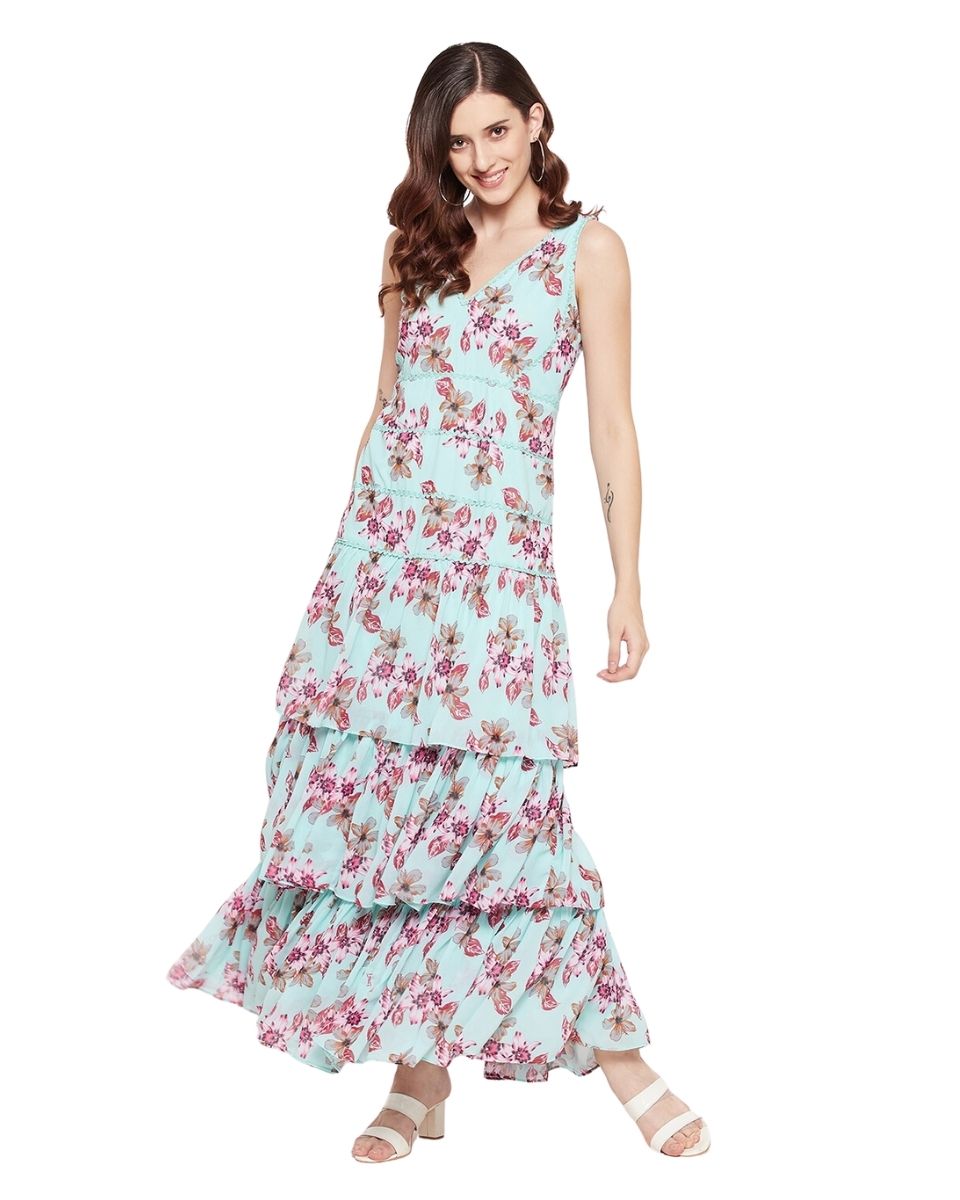 Floral Printed Green Georgette Party Dress For Women