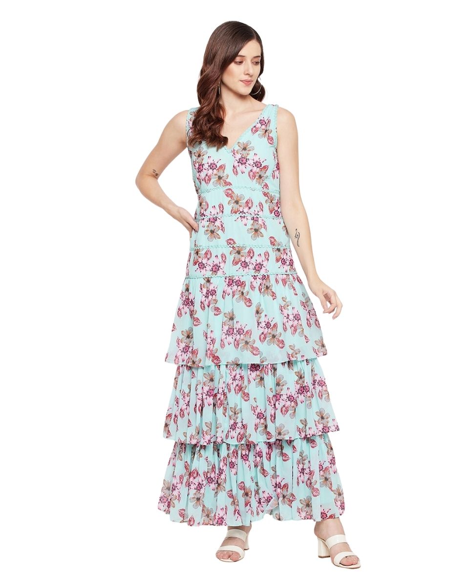 Floral Printed Green Georgette Party Dress For Women