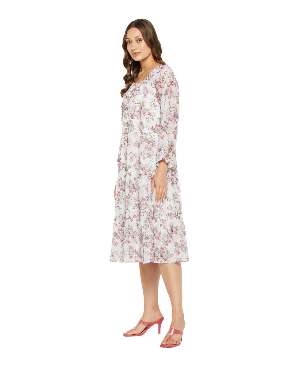 Floral Printed Off-White Midi Dress For Women